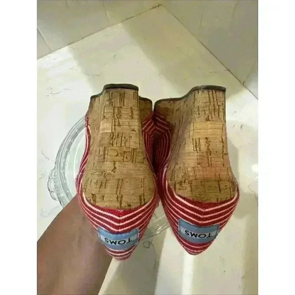 Women's Toms Heels Slip-on Wedges Peep Toe Canvas Red/White Stripes Size 6 - Picture 14 of 15